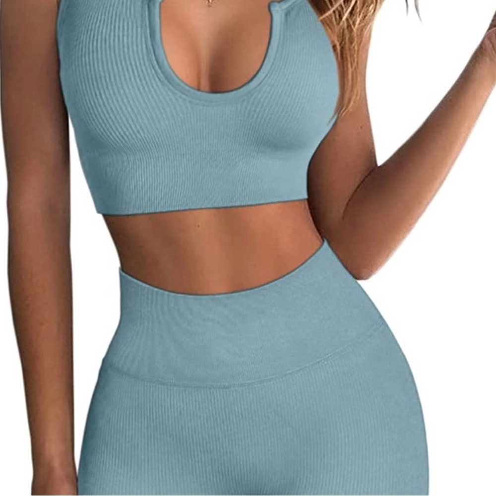 Qinsen NWOT Workout 2 Piece Ribbed Seamless Crop Tank High Waist Yoga Leggings - Picture 3 of 5